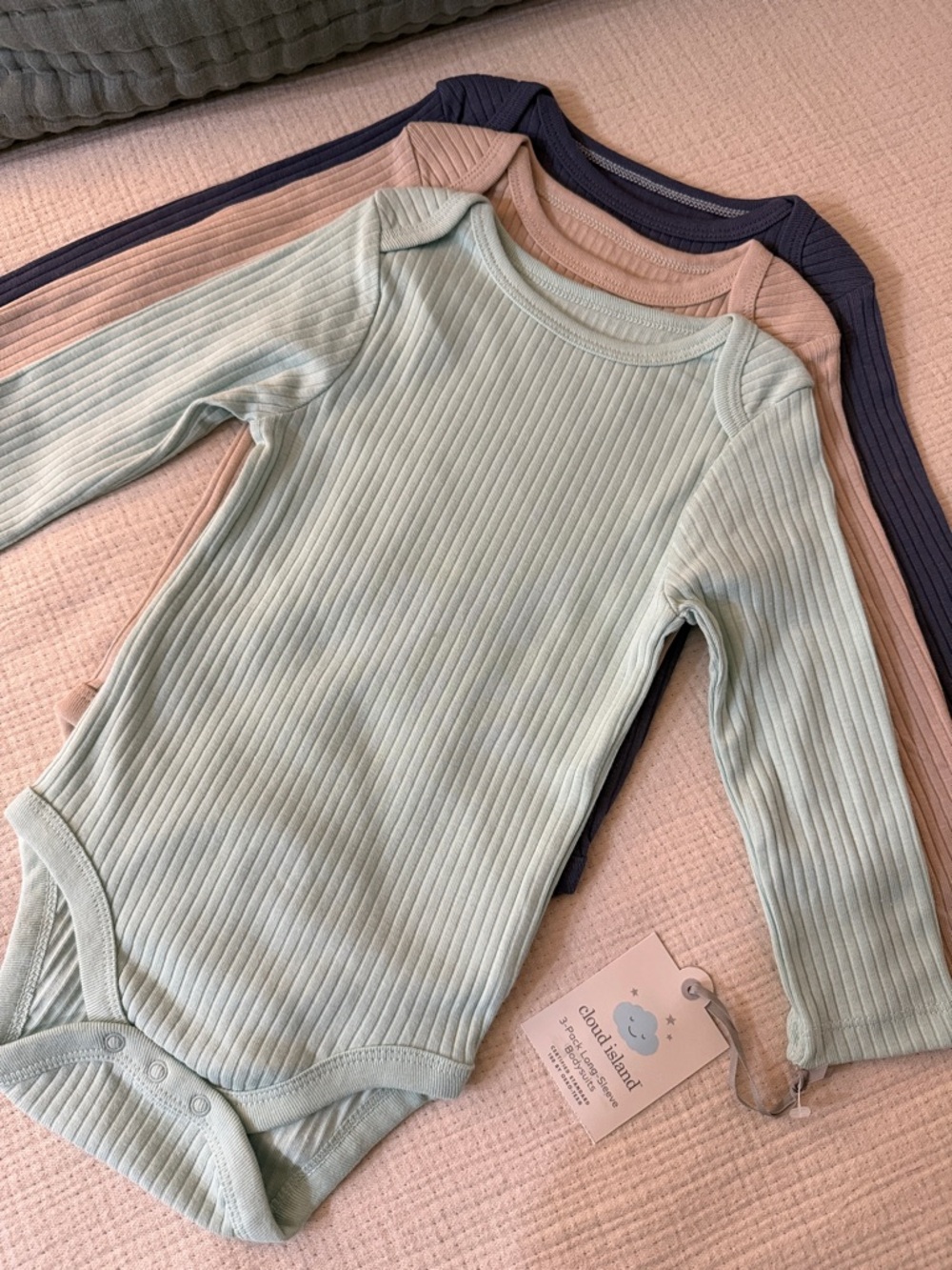 Cloud Island - Pack of 3 Long Sleeve Ribbed Baby Bodysuits - Navy, Tan, Mint